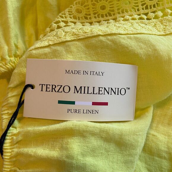 Terzo Millennio Yellow Linen Top Blouse Women Size S Open Shoulders Relaxed Fit - Picture 9 of 14